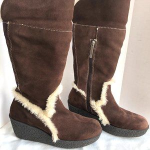 Brown Suede Donald Pliner Faux-Fur Lined Boots, Size 7.5, 2.5" Rubber Platform